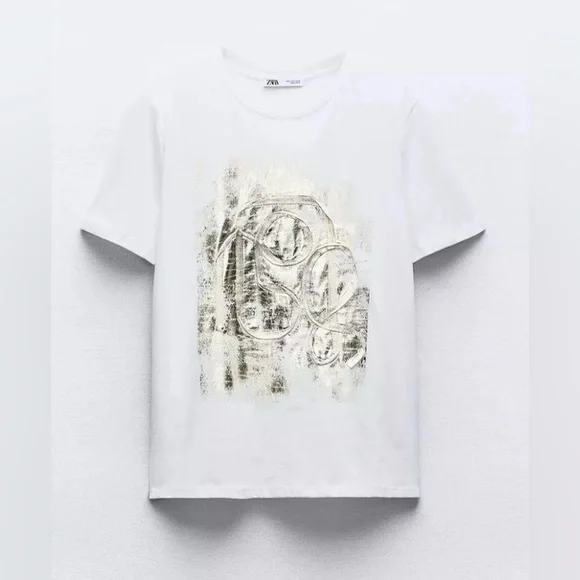 Zara White T-Shirt + Gold Foil Design | Short Sleeve | L | NWT | 🌟Rare🌟 - Picture 1 of 14